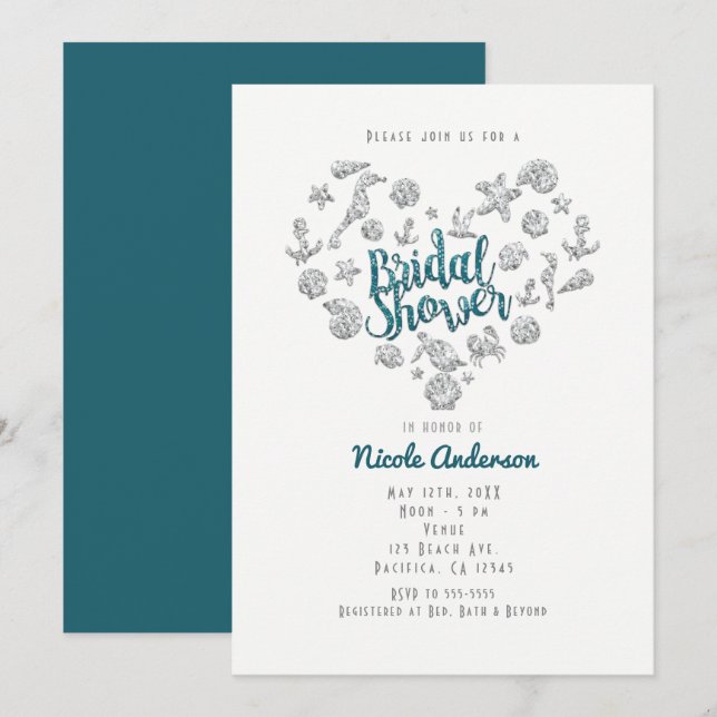 Bridal Shower Beach Glam Diamond Heart Invitations (Front/Back)