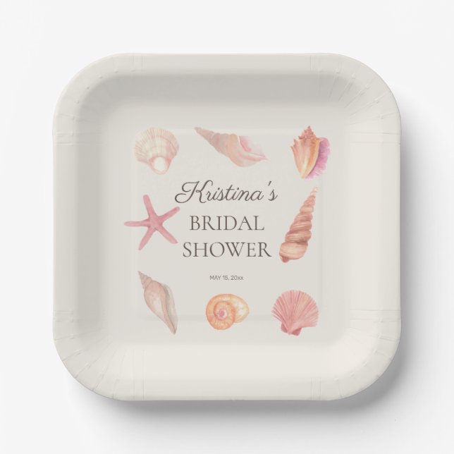 Bridal Shower Beach Party Pink Seashells  Paper Plates (Front)