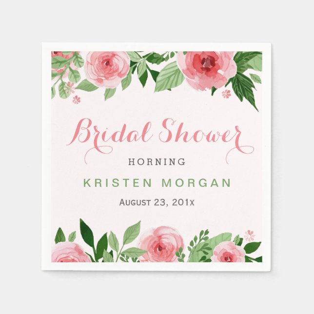 Bridal Shower Beautiful Watercolor Rose Flowers Paper Napkins (Front)
