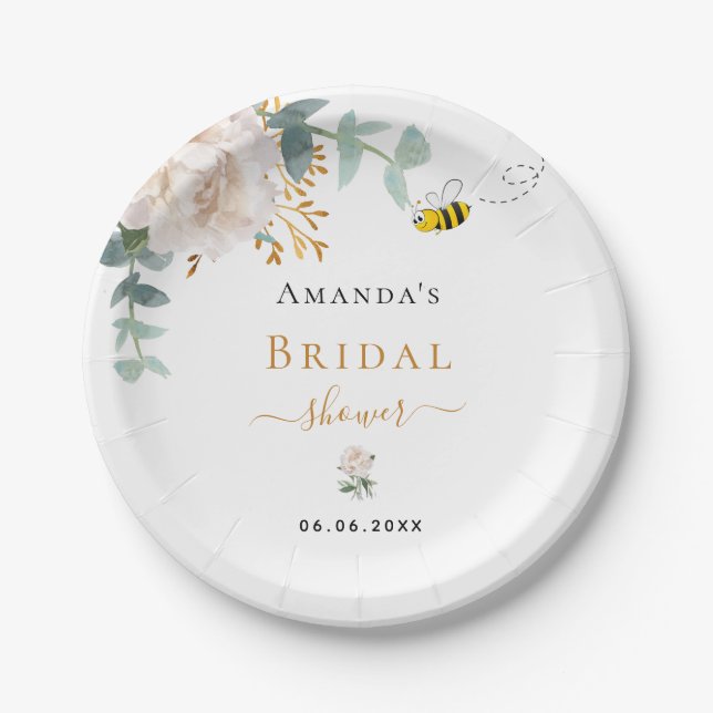 Bridal Shower bee floral eucalyptus greenery Paper Plates (Front)