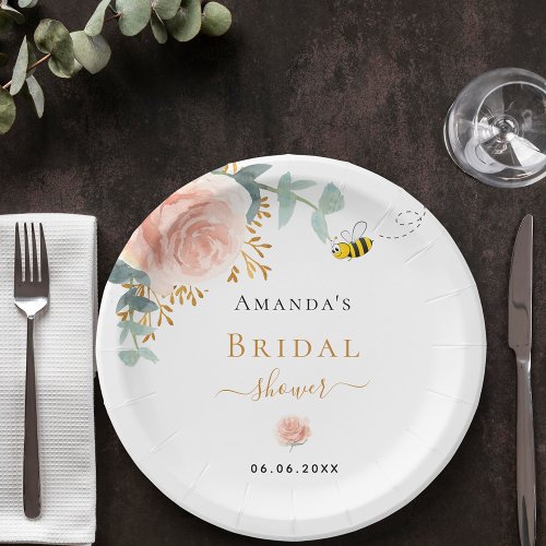 Bridal Shower bee pink floral eucalyptus Paper Plates