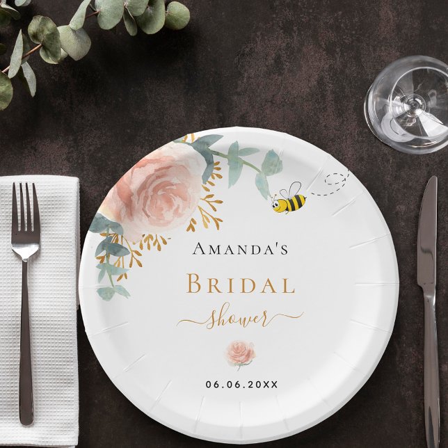Bridal Shower bee pink floral eucalyptus Paper Plates (Creator Uploaded)