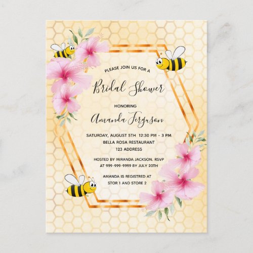 Bridal shower bees pink floral invitation postcard