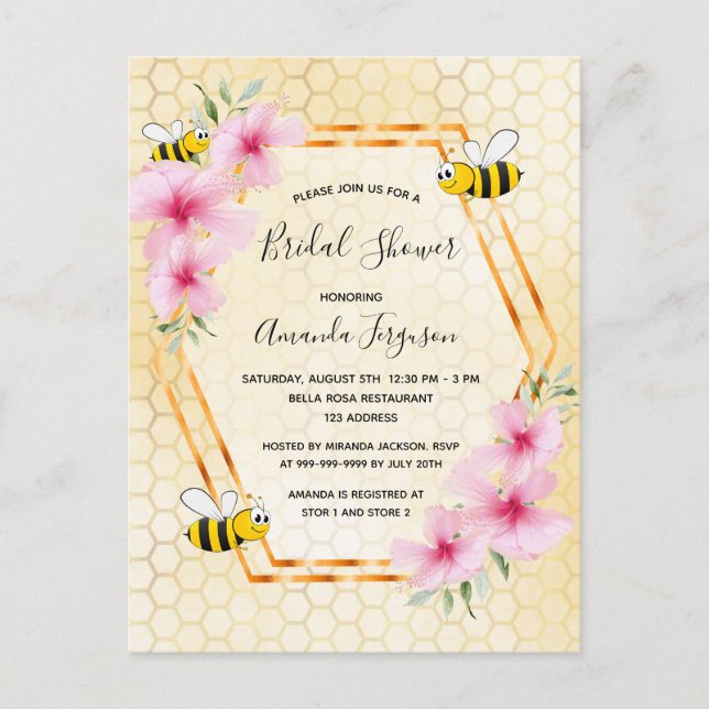Bridal shower bees pink floral invitation postcard (Front)