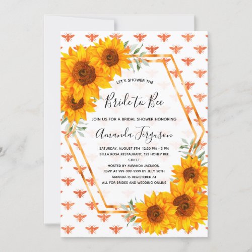 Bridal shower bees sunflowers rose gold white invitation