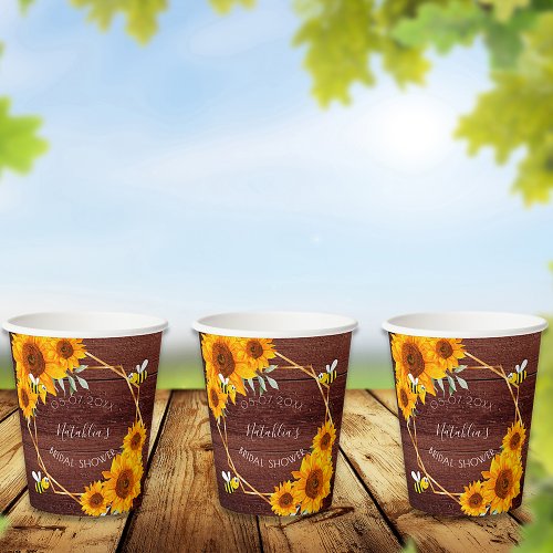 Bridal Shower bees sunflowers rustic wood brown Paper Cups