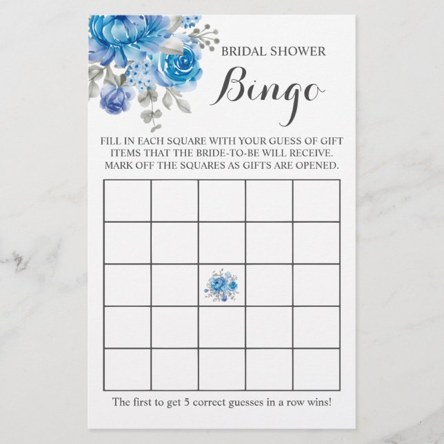 Bridal Shower Bingo Blue Flower Game Card Flyer (Front)