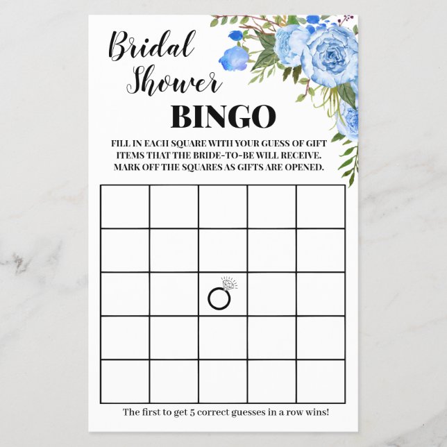 Bridal Shower Bingo Blue Flowers Game Card Flyer (Front)