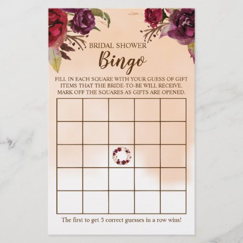 Bridal Shower Bingo Burgundy Flowers Game Card Flyer
