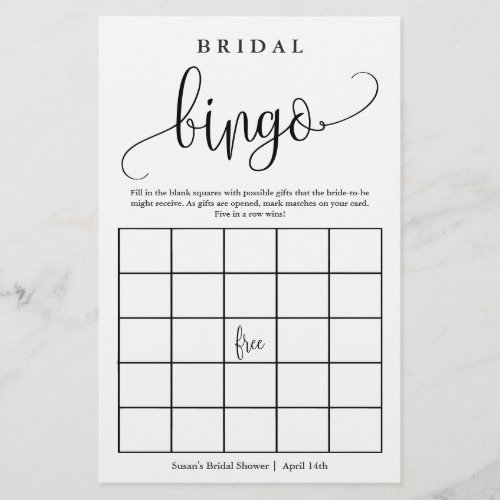 Bridal Shower Bingo Calligraphy Paper Game Card