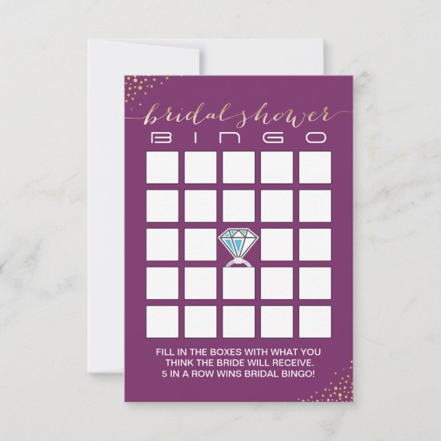 Bridal Shower Bingo Cards | Gold Confetti Purple (Front)