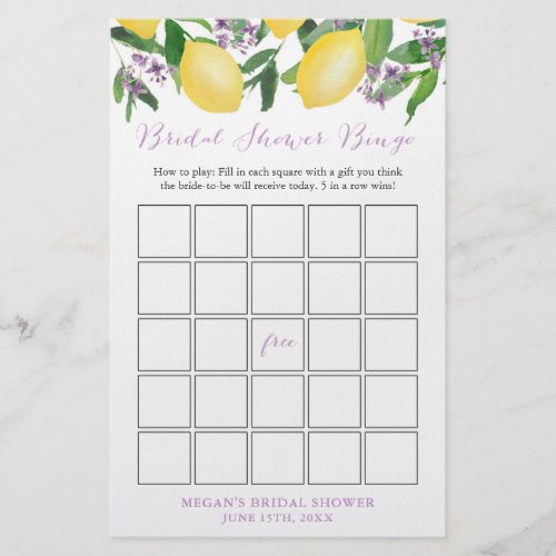 Bridal Shower Bingo Game Card With Lemons Lavender Flyer - Bridal Shower Bingo game, here printed onto economical flyer paper. Perfect if you are organizing a large shower and want to get as much as you can for your budget.