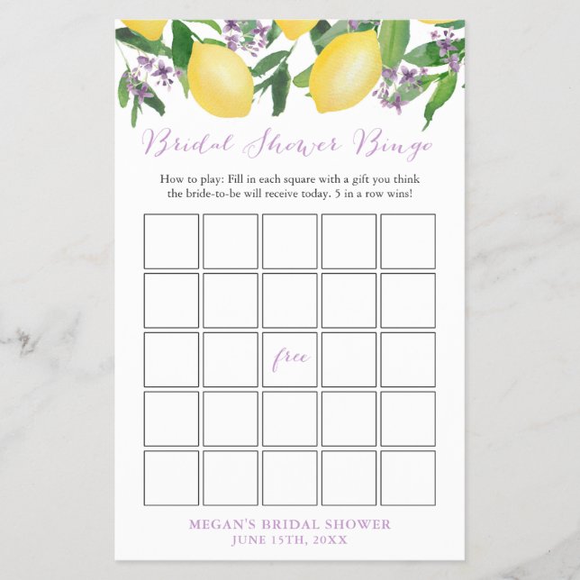Bridal Shower Bingo Game Card With Lemons Lavender Flyer (Front)