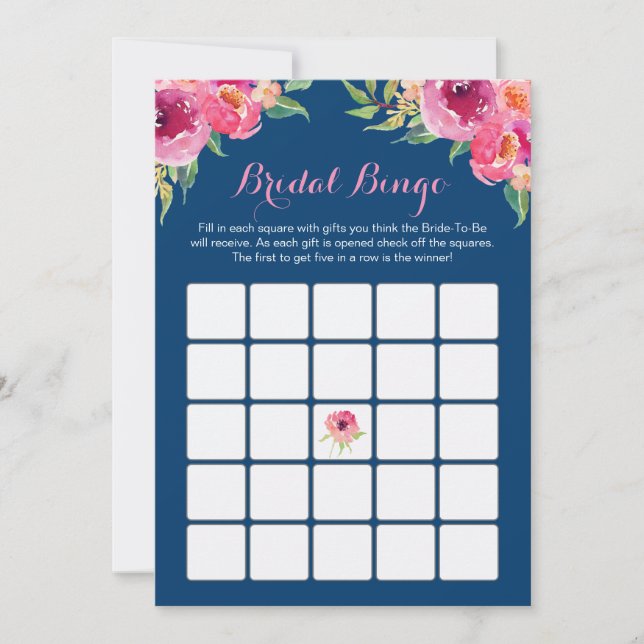 Bridal Shower Bingo Game Pink Floral Navy Blue (Front)