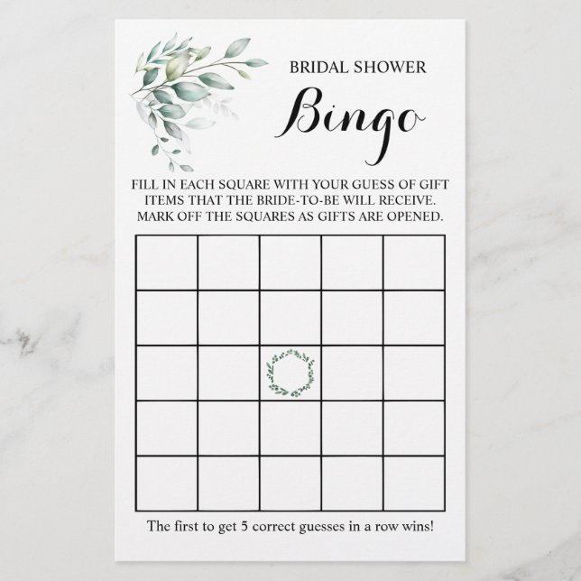 Bridal Shower Bingo Greenery Eucalyptus Game Card Flyer (Front)