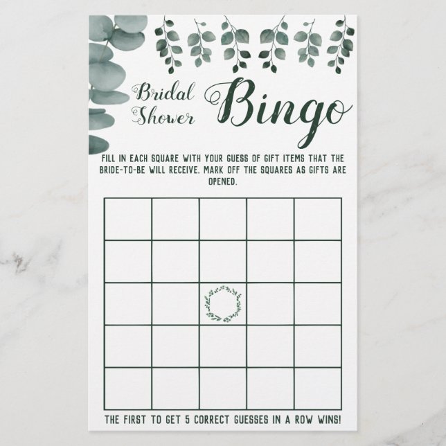 Bridal Shower Bingo Greenery Eucalyptus Game Card Flyer (Front)
