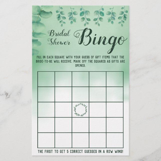 Bridal Shower Bingo Greenery Eucalyptus Game Card Flyer (Front)