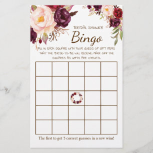 Bridal Shower Bingo Marsala Flowers Game Card Flyer