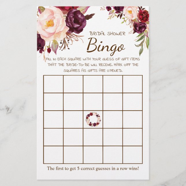 Bridal Shower Bingo Marsala Flowers Game Card Flyer (Front)