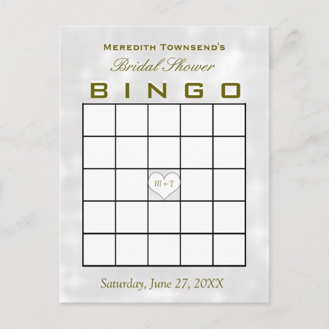 Bridal Shower Bingo Monogram Heart Invitation Postcard (Front)