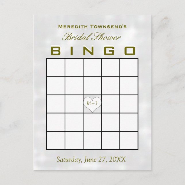 Bridal Shower Bingo Monogram Heart Invitation Postcard (Front)