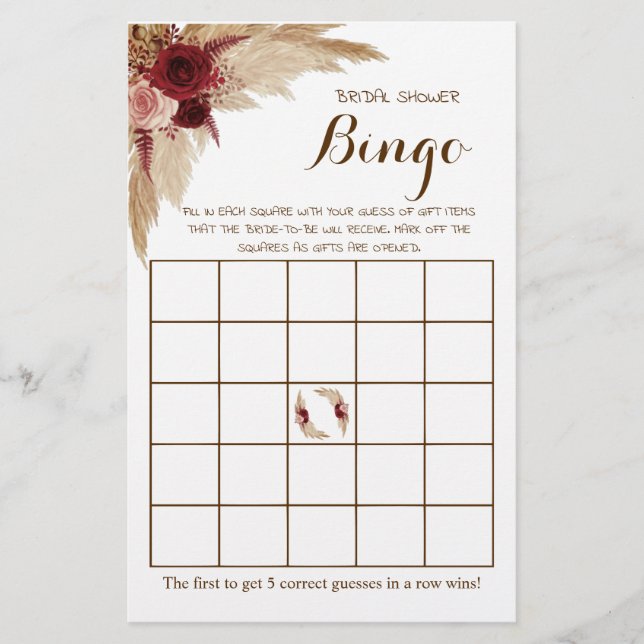 Bridal Shower Bingo Pampas Grass Game Card Flyer (Front)