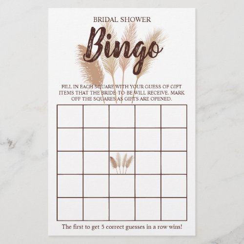 Bridal Shower Bingo Pampas Grass Game Card Flyer