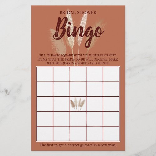 Bridal Shower Bingo Pampas Grass Game Card Flyer