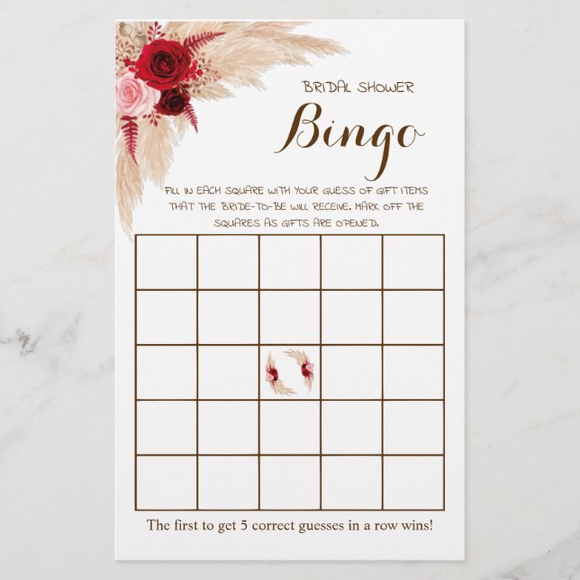 Bridal Shower Bingo Pampas Grass Game Card Flyer (Front)