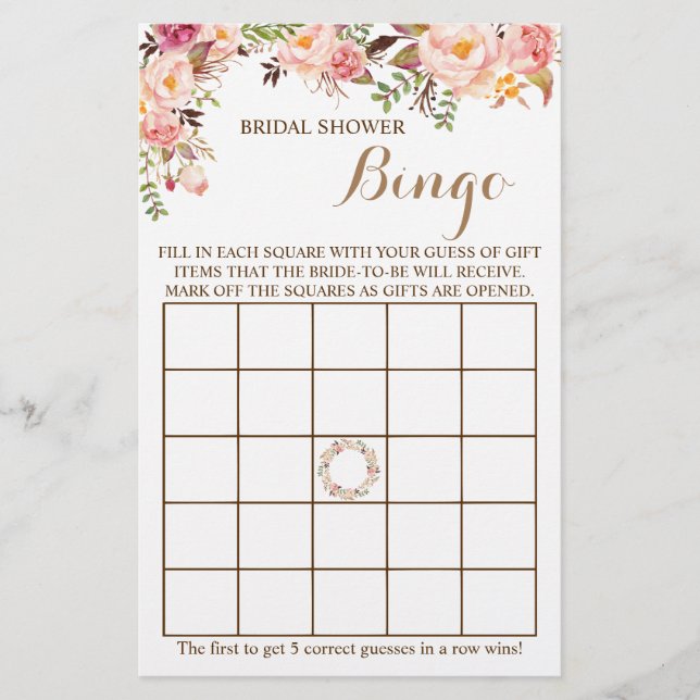 Bridal Shower Bingo Pink Floral Game Card Flyer (Front)