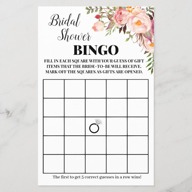 Bridal Shower Bingo Pink flowers Game Card Flyer (Front)