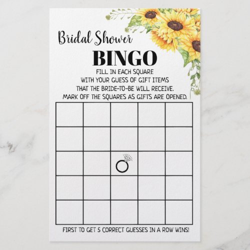 Bridal Shower Bingo Sunflowers Game Card Flyer