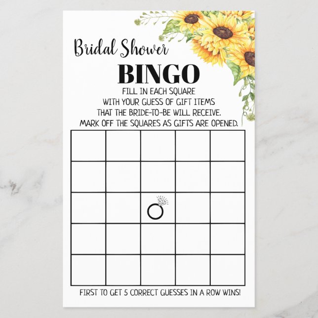 Bridal Shower Bingo Sunflowers Game Card Flyer (Front)