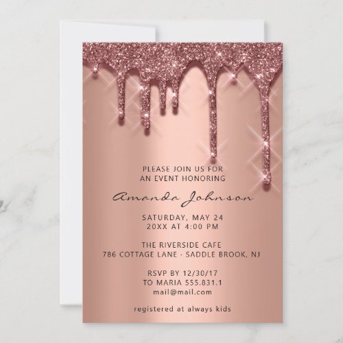 Bridal Shower Birthday 16th 3D Drips Rose Gold Invitation