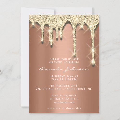 Bridal Shower Birthday 16th Gold 3D Drip Copper Invitation