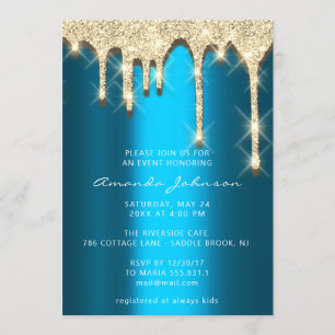 Bridal Shower Birthday 16th Gold 3D Drip Teal Invitation