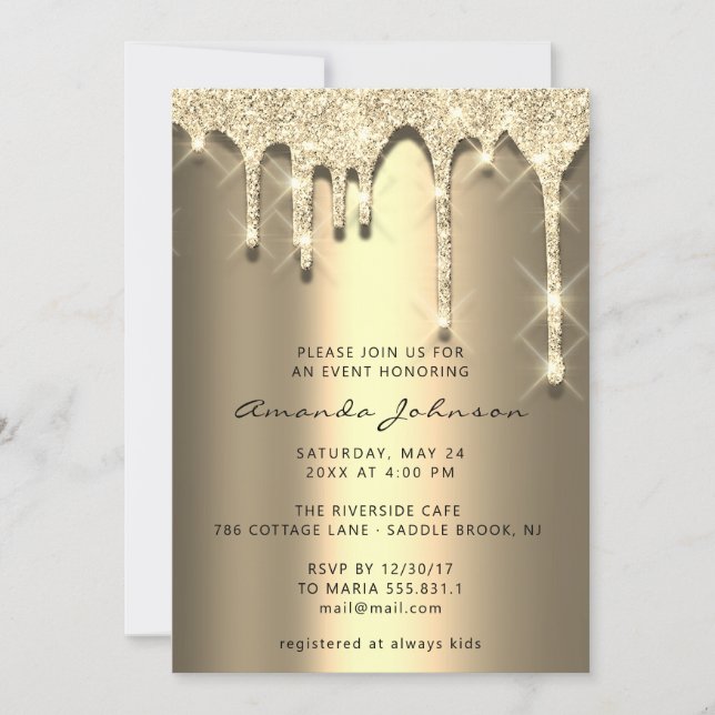 Bridal Shower Birthday 16th Gold 3D Drips Invitation (Front)