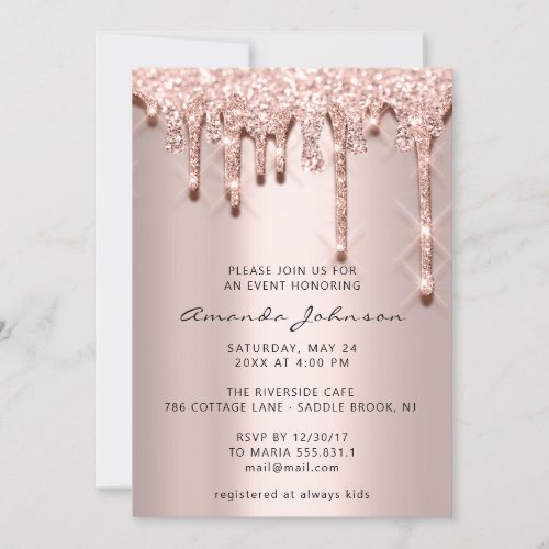 Bridal Shower Birthday 16th Rose 3D Drips Glitter Invitation