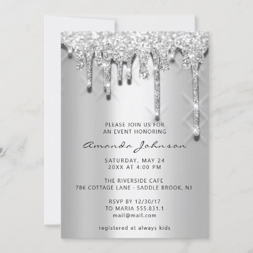 Bridal Shower Birthday 16th Silver Gray 3D Drips Invitation