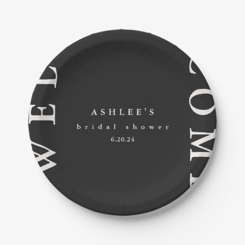 Bridal Shower Black and Taupe Typography Welcome  Paper Plates