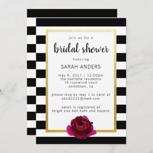 Bridal Shower Black and White Stripe Faux Gold Invitation