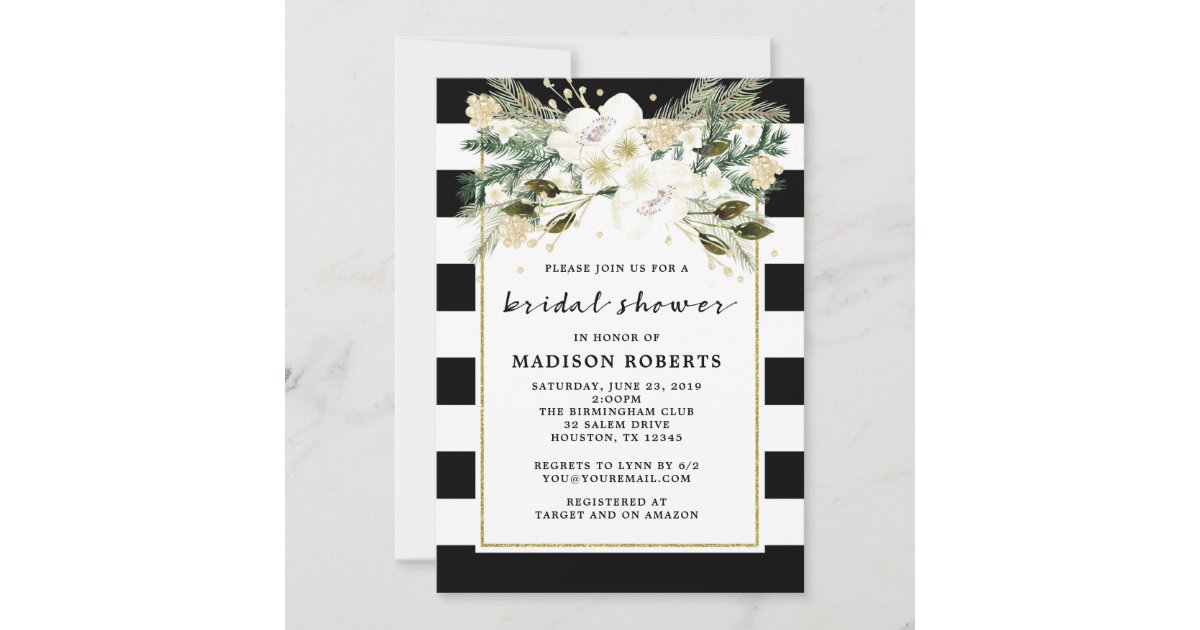 Bridal Shower Black and White Stripes Flowers Invitation | Zazzle
