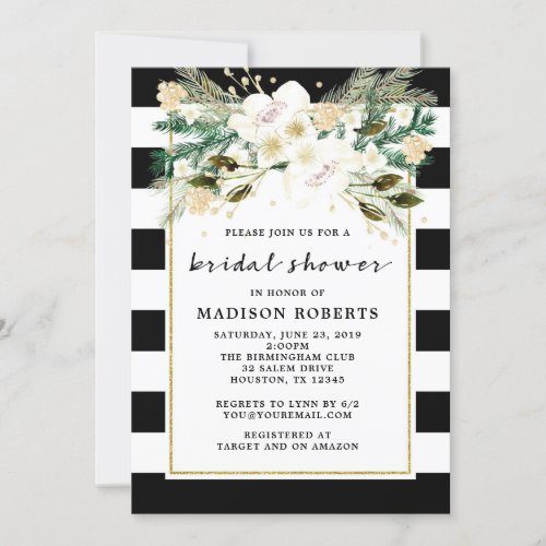 Bridal Shower Black and White Stripes Flowers Invitation