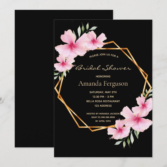 Bridal shower black blush pink floral gold geo invitation (Front/Back)