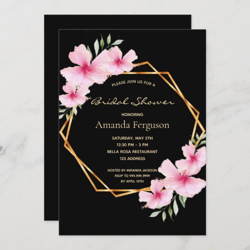 Bridal shower black blush pink floral gold geo invitation
