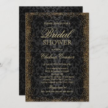 Bridal Shower - Black Damask And Gold Confetti  Invitation by DesignsbyDonnaSiggy at Zazzle