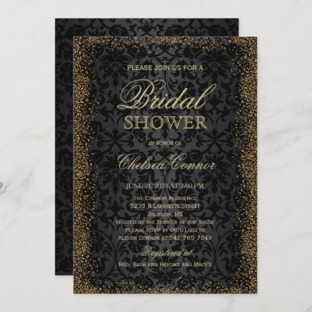 Bridal Shower - Black Damask And Gold Confetti  Invitation