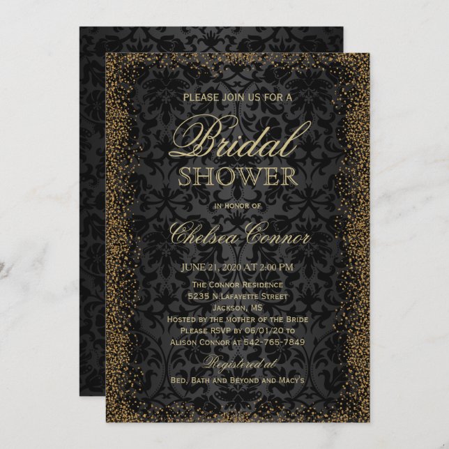 Bridal Shower - Black Damask and Gold Confetti  Invitation (Front/Back)