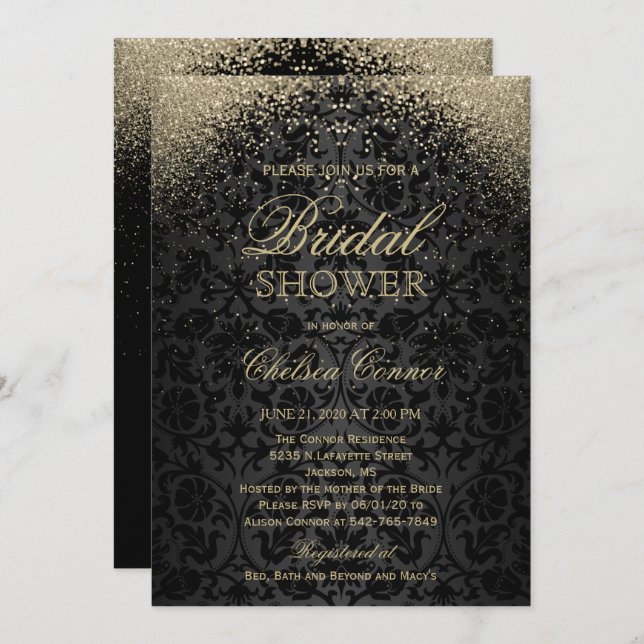 Bridal Shower - Black Damask and Gold Glitter Invitation (Front/Back)