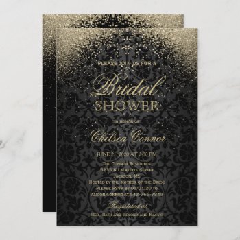 Bridal Shower - Black Damask And Gold Glitter Invitation by DesignsbyDonnaSiggy at Zazzle